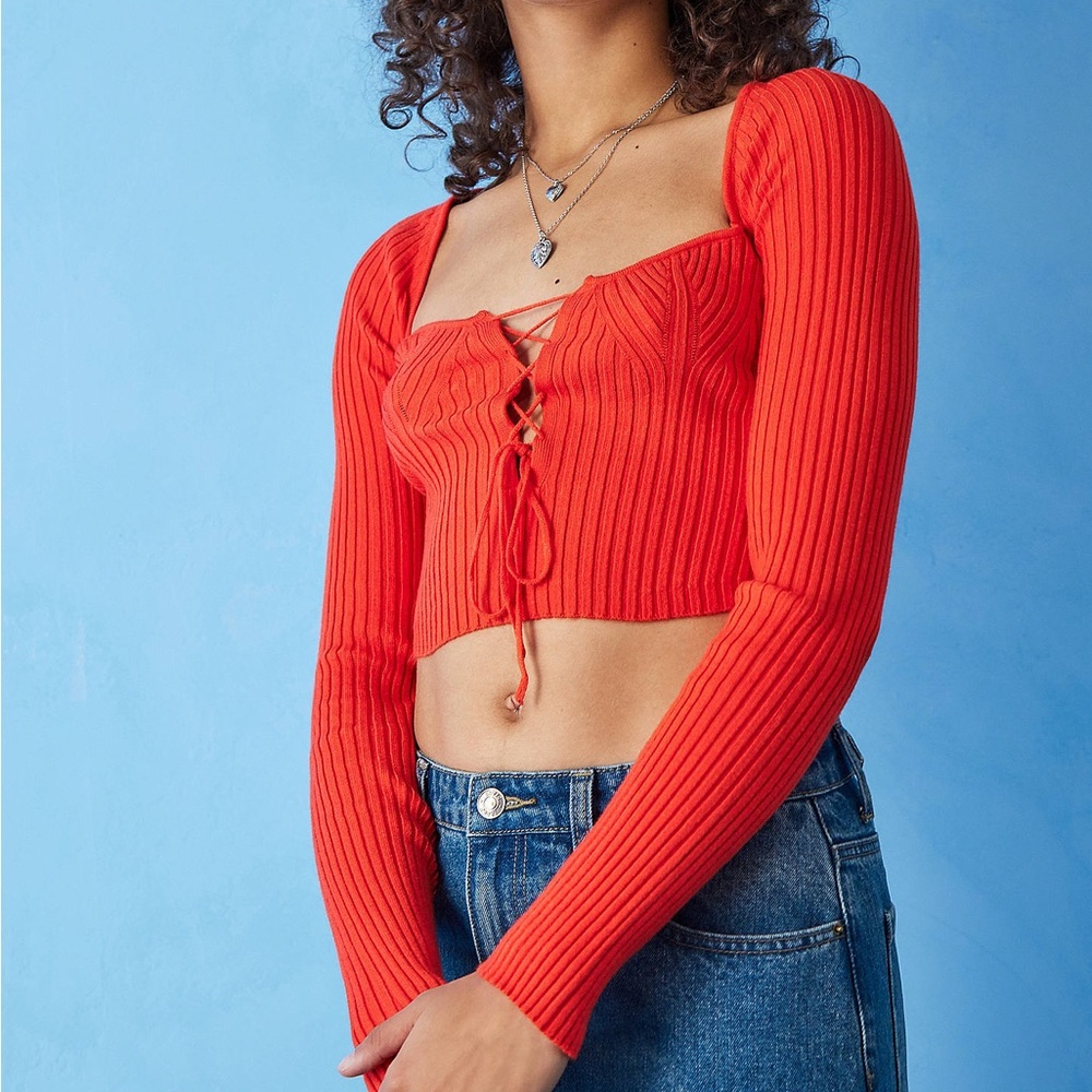 UO Elianna Long Sleeve Lace Up Top